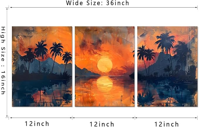 MAMAGO Sunset Beach Wall Art Tropical Palm Trees Canvas Print Picture Oil Painting Style Coastal Landscape Living Room Bedroom Bathroom Wall Decor Framed Easy to Hang-12”W x 16”Hx3pcs