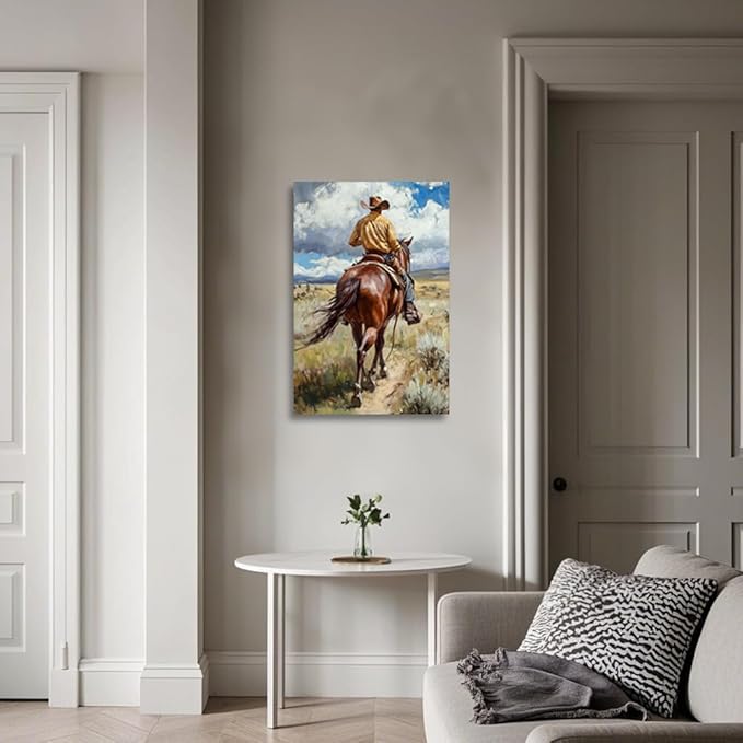 CGXLB Cowboy Riding Wall Art Western Horseman Painting Horse Picture Prints Framed Rustic Ranch Wall Decor for Living Room Bedroom Restaurant 28"x42"