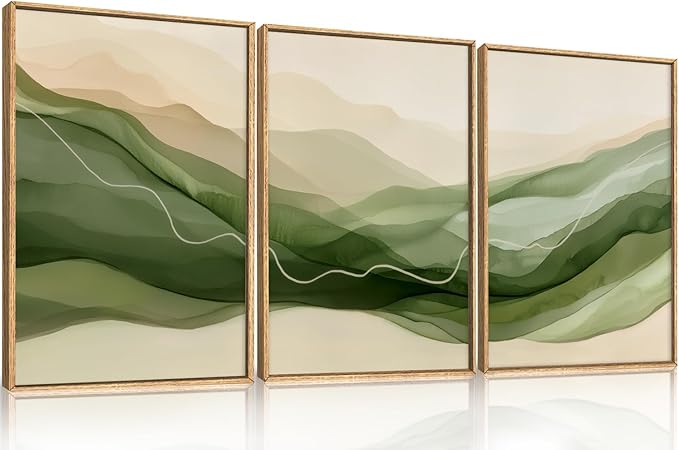 Large Abstract Smoke Waves Framed Canvas Wall Art Set,Ink Minimalist Green Beige Wall Decor,Watercolor Modern Neutral Lines Artwork for Living Room,Bedroom,Office-24 x36 x3
