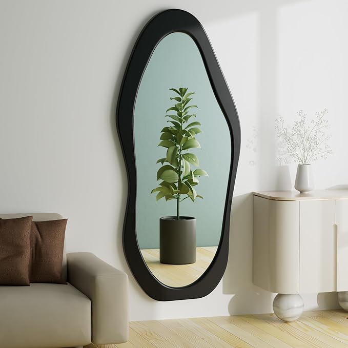 67" x 30" Irregular Wavy Full Body Mirror - Wooden Framed, Hanging/Leaning Wall Mounted for Cloakroom/Bedroom/Living Room