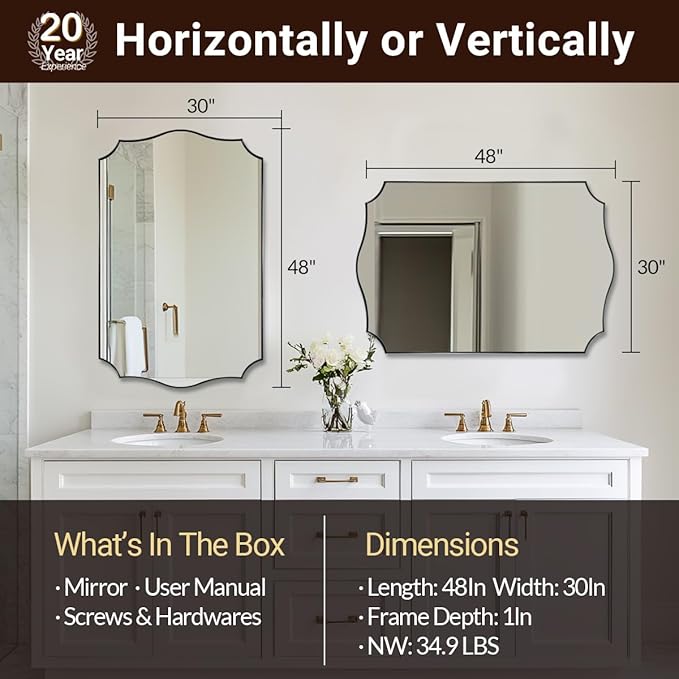 ANDY STAR 30"x48" Brushed Bronze Scalloped Mirror, Large Bathroom Mirror for Over Sink, Antique Bronze Mirror, Timeless Shape with Unique Flair, Ideal for Home Remodel (Vertically/Horizontally)