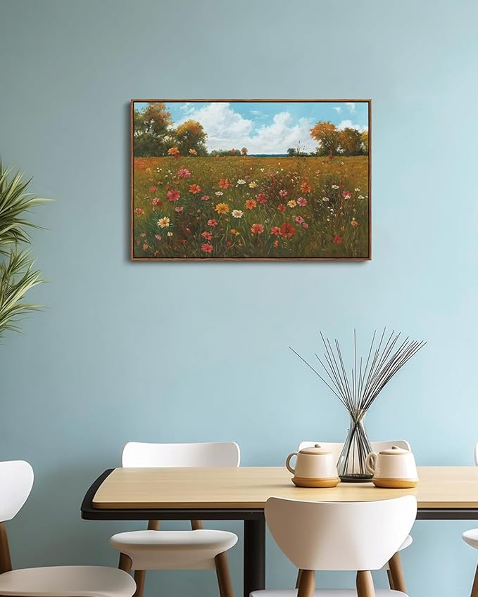 KISSFOX Vintage Landscape Framed Wall Art Autumn Farmhouse Wildflower Field Canvas Art Natural Fall Countryside Paintings Artwork Rustic Art Prints For Bedroom Bathroom Living Room