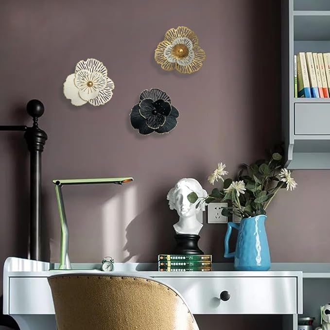 10" Metal Flower Wall Art Decor, Rustic Modern Floral Sculpture, Distressed Iron Wall Hanging Home Decoration Accent Artworks for Indoor Kitchen Bedroom Living Office Outdoor Garden Patio (36B-Gold)