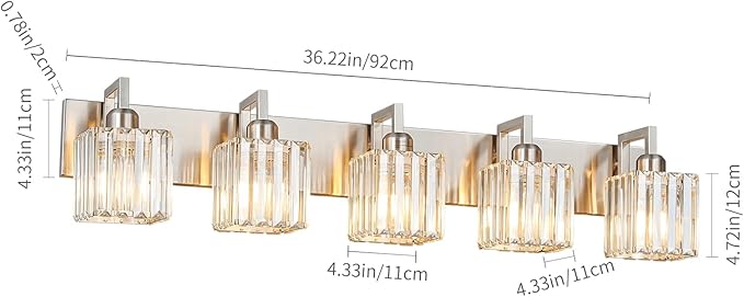Modern Bathroom Vanity Light 5-Lights Brushed Nickel Vanity Light Crystal Wall Light Bathroom Light Fixtures