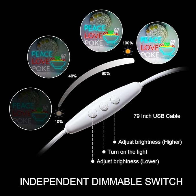 Looklight Peace Love Poke Ramen Neon Sign,Noodles Led Lights Neon Lights for Wall Decor Light Up Signs for Restaurant Kitchen Dinning Room Japanese Noodle Shop