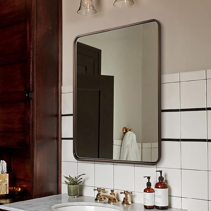 ANDY STAR Bronze Bathroom Mirror, 30x36 InchRounded Rectangle Oil Rubbed Bronze Mirror, Bronze Mirrors for Wall Metal Framed, Iron Tube, 1’’ Deep, Wall-Mounted Horizontally/Vertically