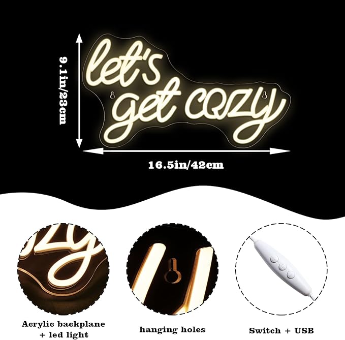 LookLight Let’s Get Cozy Neon Sign,Warm White Led Neon Light,USB Connectivity Neon Sign for Wall Decor,Light Up Sign for Living Room Bedroom Bar Birthday Party