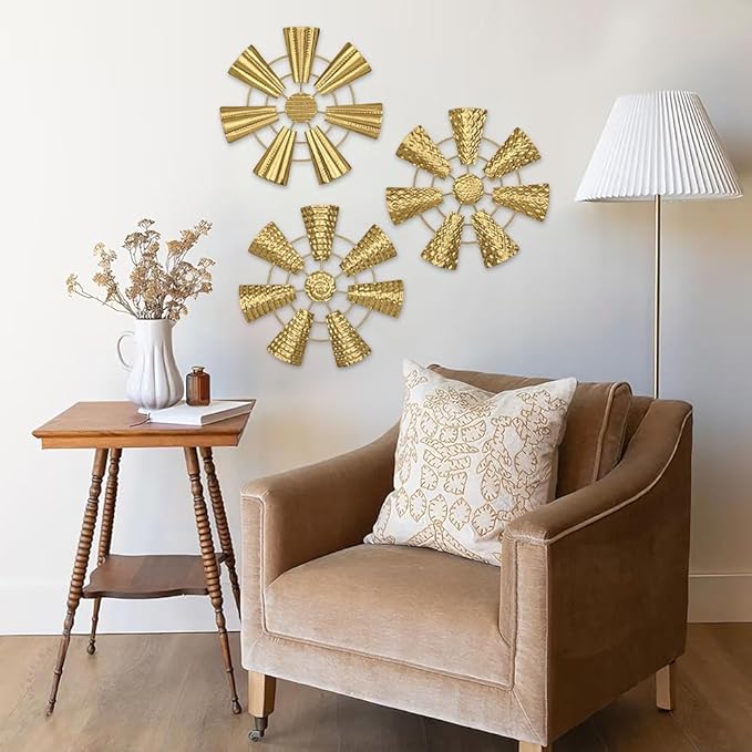 Briful 12" Wall Décor Pack of 3 Metal Gold Windmill Radial Plate Wall Art Modern Accent Hanging Wall Decorations For Home Office Living Room Wall Sculptures