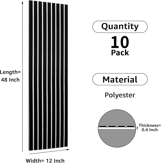 Art3dwallpanels 10 Pack Acoustic Panels, 48" X 12" X 0.43" Soundproof Wall Panels, Self Adhesive High Density Sound Absorbing Acoustic Treatment for Recording Studio, Office, Black and White