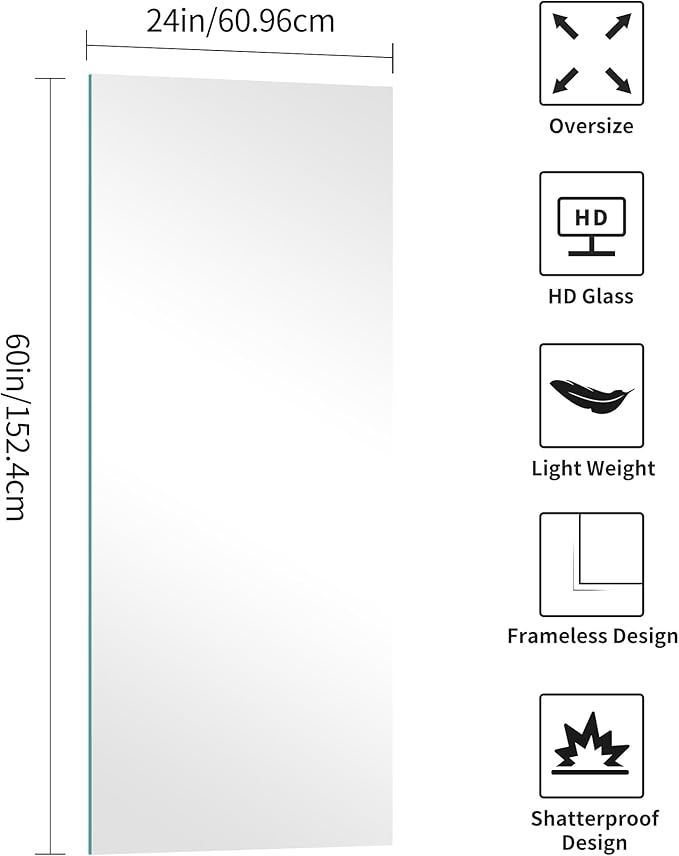 KOCUUY Frameless Mirror, 60"x24" Large Bathroom Mirror for Over Sink, Unframed Mirrors for Wall Upgraded Shatterproof Design, Modern Decorative for Bedroom, Living Room, Entryway
