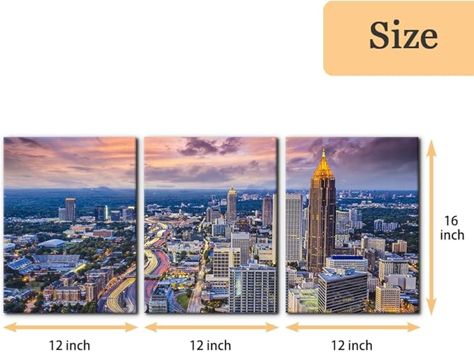 Pacimo Atlanta Cityscape Wall Art Painting Georgia City Skyline Pictures Print on Canvas for Home Decoration Downtown Skyscrapers Painting Stretched and Framed Ready to Hang - 12"x16"x3 Panels