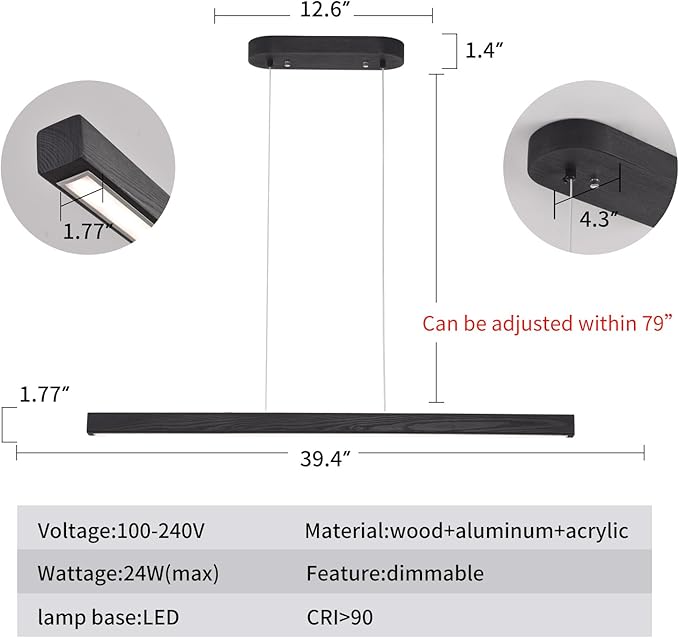 39" Black Linear Pendant Light Wooden Led Modern Linear Chandelier Ceiling Hanging Dimmable Pendant Lights for Dining Room Kitchen Island Pool Table Lights Black Wood Finish