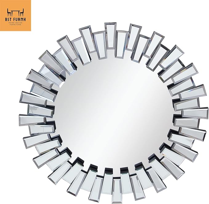 BST FURNH Round Mirror Wall Decor 24 Inches Decorative Wall Mirror with Irregular Framed and Beveled Edge Mirrors for Wall Silver Large Wall Mirror Frameless Mirrors