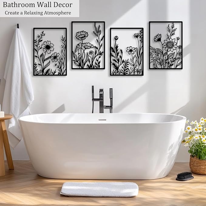 Metal Flowers Wall Décor Minimalist Metal Wall Art for Living Room Bedroom Bathroom, Black Abstract Flowers Line Hanging Art 3D Textured Wall Sculptures 4 Pcs