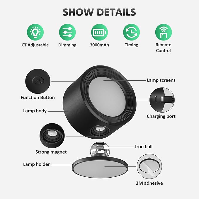 Lightbiz LED Wall Mounted Lights 2 Pcs with Remote, Wall Sconces Lamp 3000mAh Rechargeable Battery Operated, 3 Color Temperatures & Dimmable Magnetic 360° Rotation Cordless Light for Bedroom Bedside