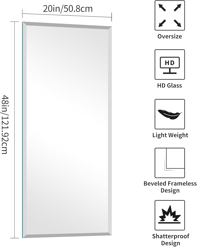 KOCUUY Beveled Mirror, 20x48 Inch Frameless Bathroom Mirror for Over Sink, Upgraded Shatterproof Beveled Unframed Design Mirror for Bathroom, Bedroom, Hang Horizontal/Vertical