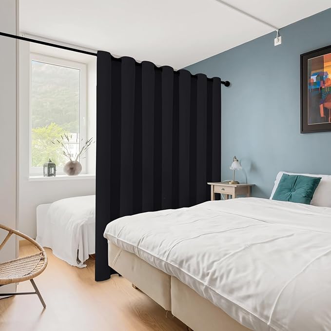 ChrisDowa Room Divider Curtain 108 Inches Long, Wide Blackout Sliding Door Curtain for Bedroom, Room Darkening Privacy Window Curtain for Patio Door (1 Panel Set, Black, 100 x 108 Inch)