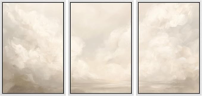 MUDECOR Framed Wall Art Print Set Neutral Cloudscape Soft Beige Abstract Sky Illustrations Modern Art Boho Decorative Colorful Chic for Living Room, Bedroom, Office - 24"x36"x3 White