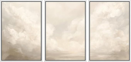 MUDECOR Framed Wall Art Print Set Neutral Cloudscape Soft Beige Abstract Sky Illustrations Modern Art Boho Decorative Colorful Chic for Living Room, Bedroom, Office - 24"x36"x3 White