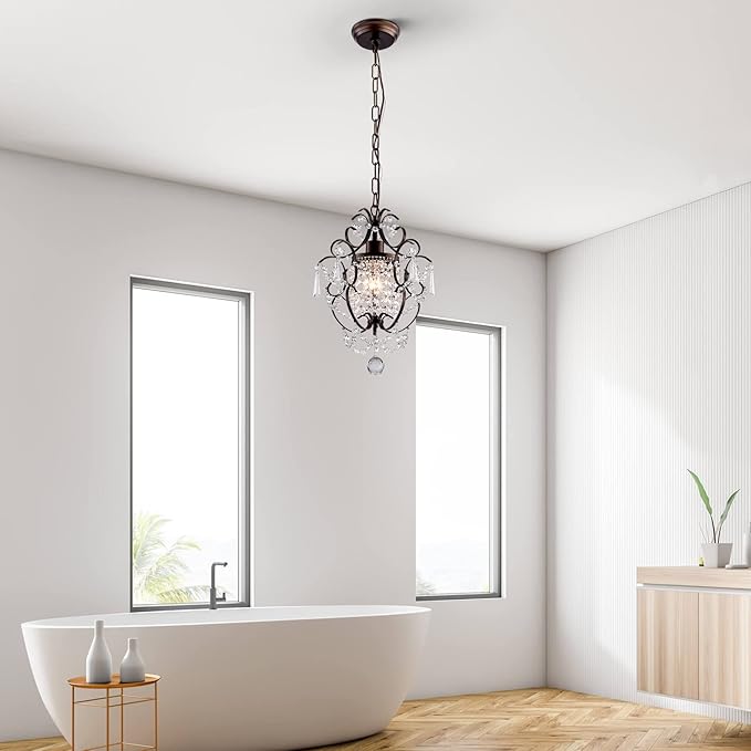 Modern Mini Crystal Chandelier,Iron Bronze Crystal Light Fixtures Ceiling Mount 1 Light Small Chandeliers for Bedroom Elegant Hanging Lighting for Girls Room Dining Room Closet Kitchen Island