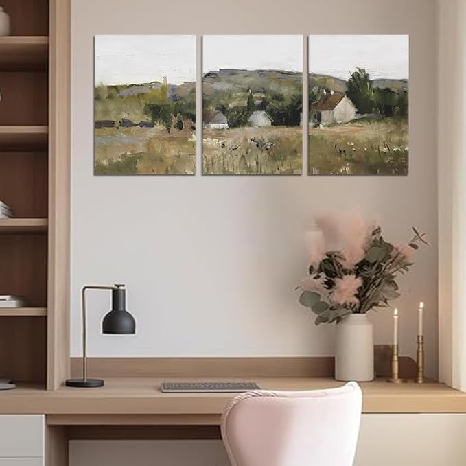 3 Pieces Neutral Landscape Split Print Country Wall Art Canvas Wall Art Vintage Outskirts Painting Prints for Farmhouse & Bedroom Decor Bathroom Framed Ready to Hang-12x16inchx3Pcs