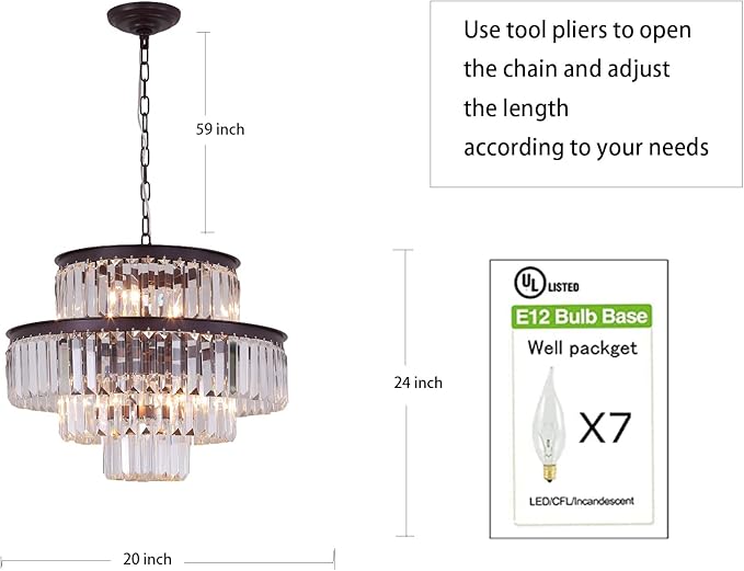 20" Black Crystal Chandelier, Modern 4-Tier Ceiling Light with Clear Crystal Prisms, Luxury Pendant Lighting for Dining Room Entryway
