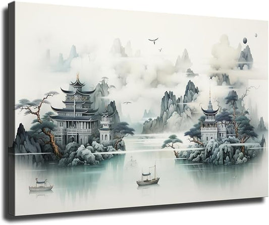 Oriental Inspired Traditional Chinese Landscape Painting Poster Canvas Wall Art Picture Print Modern Home Bedroom with Frameless Decor (Framed,20×30inch)