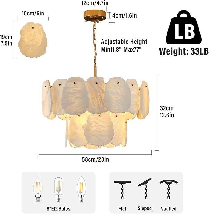 23" Alabaster Round Chandelier, 2-Tiers Natural Brass Alabaster Chandeliers, Luxury Modern White Marble Chandeliers for Living Room, Dining Room, Bedroom, Foyer, Entryway, Bathroom, Kitchen