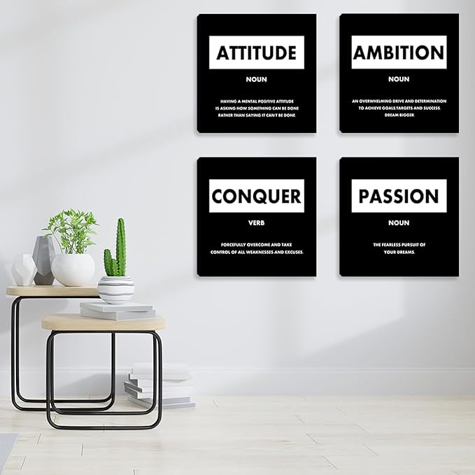Motivational Canvas Wall Art - Home Office & Living Room Wall Decor - Black Inspirational Design - Framed Art Prints - 12X12 Inch (4 Pack)
