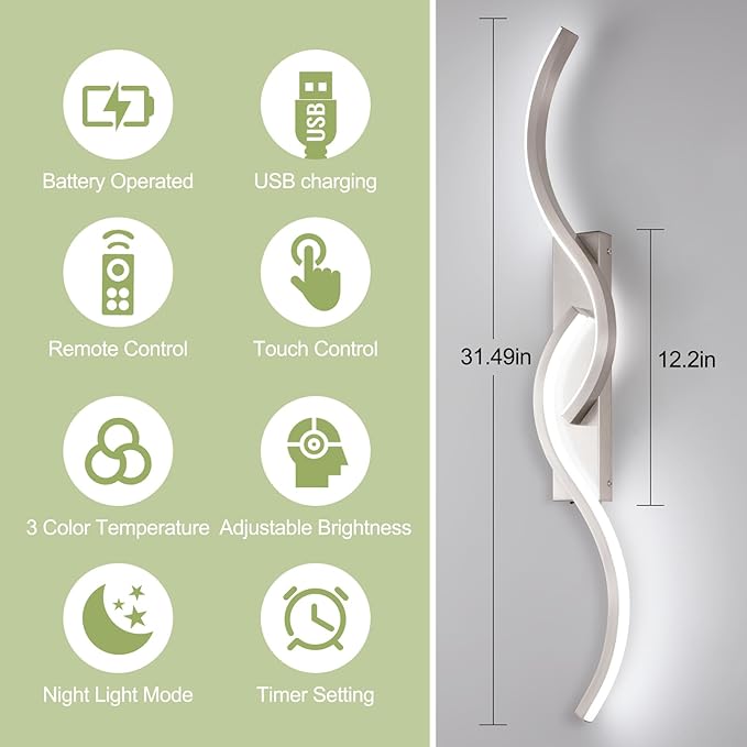 Modern Battery Operated Wall Sconces, Rechargeable Wall Sconces, 3000K-6500K LED Wireless Wall Light, Modern Wall Lamp not Hardwired for Living Room Bedroom Hallway (Nickel)