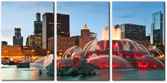 Pacimo Canvas Wall Art for Bedroom - Buckingham Fountain Painting Prints Chicago Cityscape Wall Decor Skyline Modern Artwork Home Decor Stretched and Framed Ready to Hang - 20"x28"x3 Panels