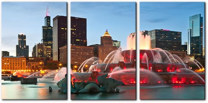 Pacimo Canvas Wall Art for Bedroom - Buckingham Fountain Painting Prints Chicago Cityscape Wall Decor Skyline Modern Artwork Home Decor Stretched and Framed Ready to Hang - 16"x24"x3 Panels