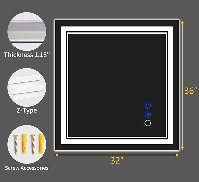 36"x32" LED Bathroom Mirror with Anti-Fog, Stepless Dimmable Lights, 3 Color Modes, Shatter-Proof Tempered Glass, Memory Function & Waterproof Design
