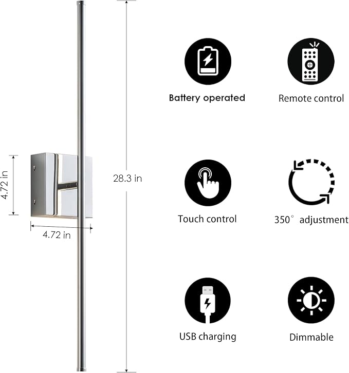 Battery Operated Wall Sconces with Remote Control, Dimmable Wall Sconces Set of Two, 350°Rotate, 3000K LED Chrome Wireless Wall Light for Living Room, Hallway, Bedroom, 28.3 Inch (2 Pack)