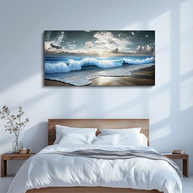 MHARTK66 Blue Ocean Canvas Wall Art Large Paintings For Living Room Landscape Nature Artwork For Walls Wall Decor For Bedroom Beach Pictures Office Waves Poster Modern Home Decorations 30x60