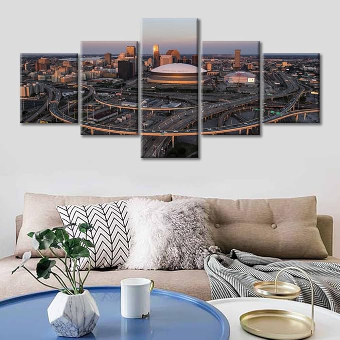 5 Pieces New Orleans Sunset Pictures Canvas Wall Art City Skyline Wall Decorations for Living Room New Orleans Cityscape Print on Canvas House Decor Stretched and Framed Ready to Hang (50"Wx24"H)