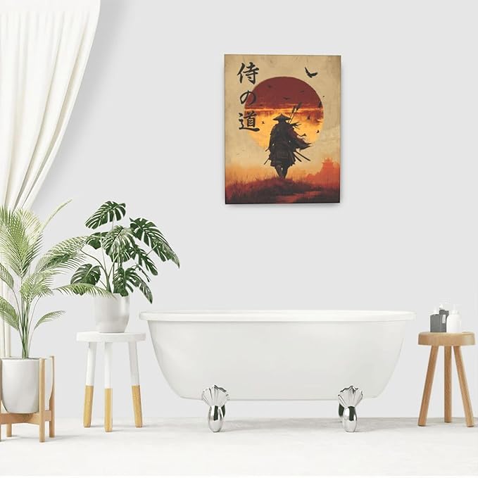 Japanese Samurai Wall Art Oriental Asian Bushido Wall Decor Warrior Figure Canvas Pictures Paintings Prints Japan Traditional Aesthetic Artwork Framed Decorations For Bedroom Living Room Office Gifts 16" x 20"