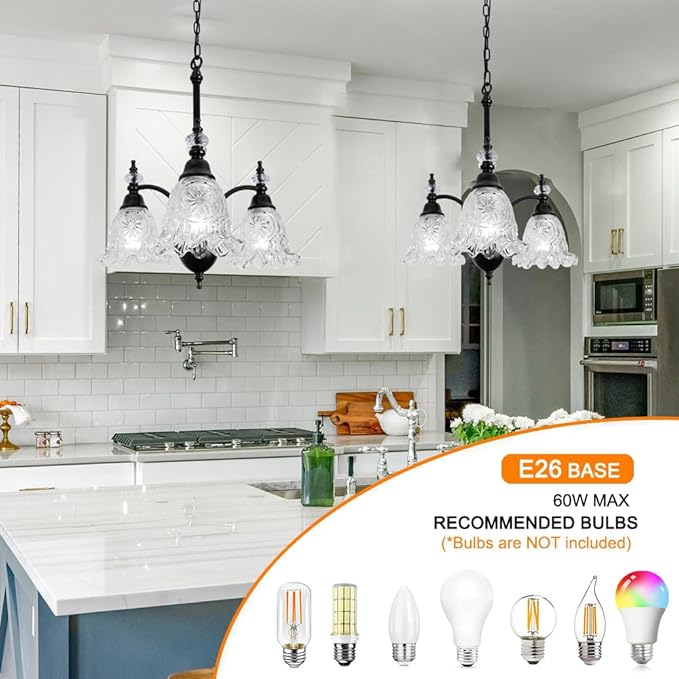 Black Dining Room Light Fixtures Over Table, Vintage 3 Light Glass Chandelier, Farmhouse Glass Chandelier Lighting for Kitchen Table, Dinning, Foyer, Bathroom, Living Room, Bedroom