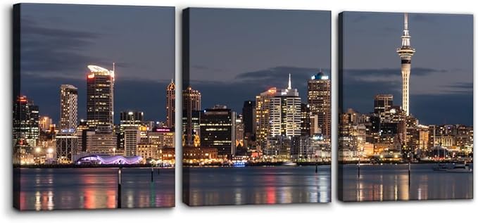 Pacimo Auckland Cityscape Wall Art - Framed Canvas Painting Prints with City Night Skyline Design - Perfect for Modern Artwork Home Decor Wall Decor for Living Room Bedroom Office - 12"x16"x3 Panels