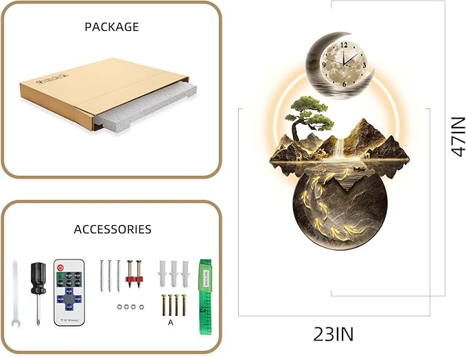 LED Light Art Wall Decor, 3D Art Wall Decor Clock, Decors Walls Sculptures with Lights, Modern Home Decors Landscape Walls Sculpture, Plug-in Power Supply, Gold e, 23x47IN