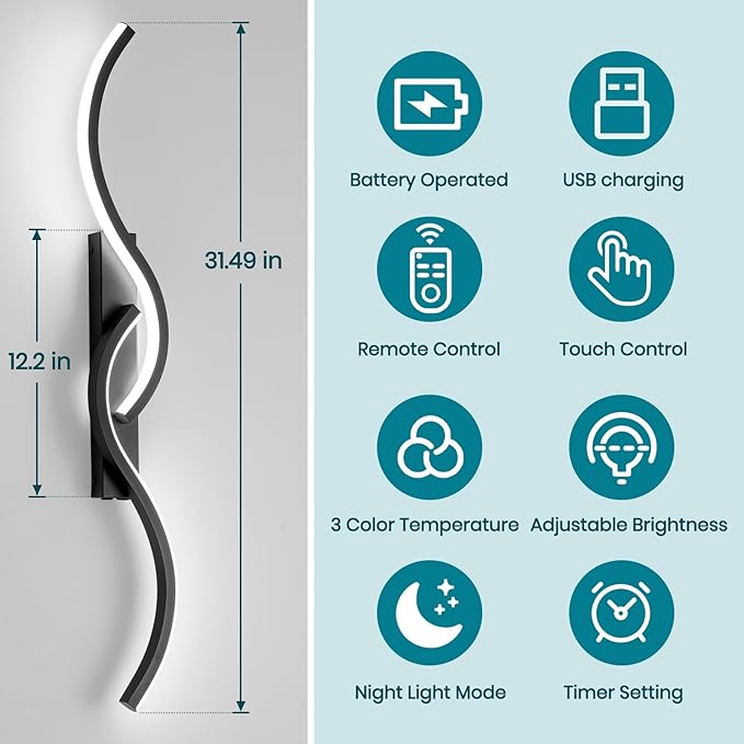 Battery Operated Wall Sconces, Rechargeable Wall Sconces, 3000K-6500K LED Wireless Wall Light, Modern Wall Lamp not Hardwired for Living Room Bedroom Hallway (Black)