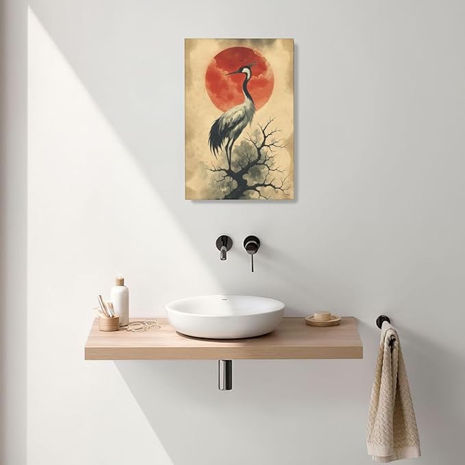 Japanese Crane Wall Art Oriental Asian Wall Decor Sandhill Crane Canvas Pictures Paintings Prints Japan Traditional Aesthetic Artwork Framed Chinese Decorations For Bedroom Living Room Office Gifts 16" x 24"
