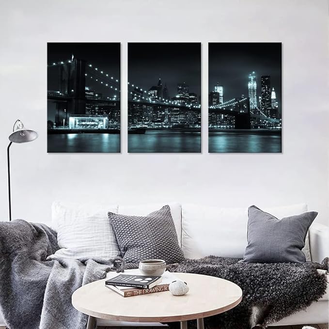 NAN Wind 3 Pcs Wall Art Brooklyn Bridge Black Canvas Art Paintings For Room Decor Manhattan Skyline Cityscape New York Skyscrapers Picture Prints On Canvas For Home Decor Modern Giclee Framed