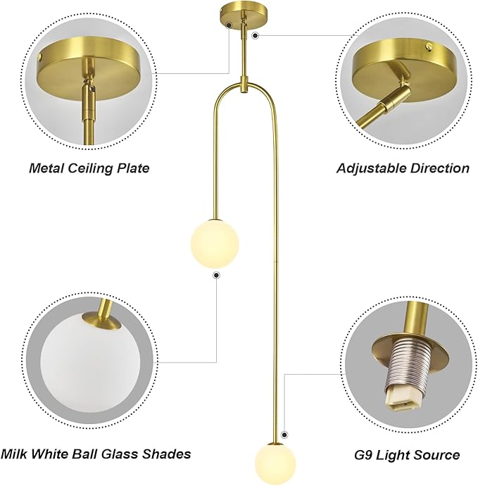 Modern Milk Glass Pendant Light 2 Light Mid Century Chandelier Small Glass Globe Gold Pendant Lights for Kitchen Island Bedroom Dining (Metal Tube Removable, 2 Pack)
