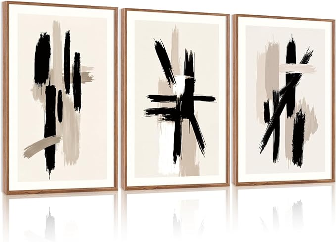 LHIUEM Grey Black Brown Framed Wall Art,Grey Abstract Pictures Set of 3(16”X24”) Minimalist Beige Cream Canvas Wall Art,Dance Lines Large Paintings,Blie Gray Wall Decor,Modern Room Decor for Bedroom
