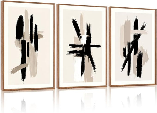 LHIUEM Grey Black Brown Framed Wall Art,Grey Abstract Pictures Set of 3(16”X24”) Minimalist Beige Cream Canvas Wall Art,Dance Lines Large Paintings,Blie Gray Wall Decor,Modern Room Decor for Bedroom