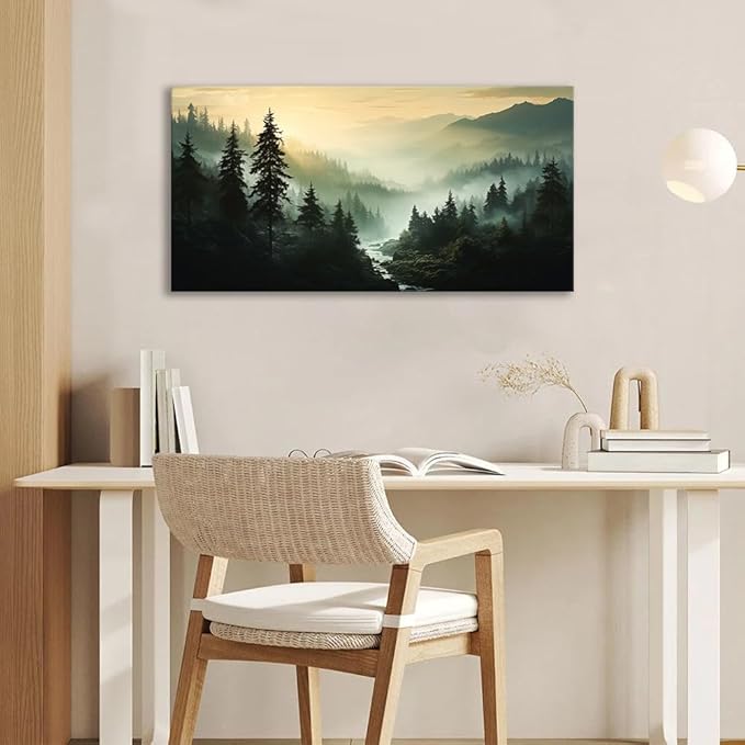 BYXART Misty Forest Canvas Wall Art Foggy Mountain Landscape Nature Picture Decor for Bathroom Living Room Pine Trees Smoky Scenery Painting Artwork for Bedroom Home Office Decorations 40L x20W