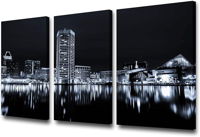 Black and White Image of the Baltimore Inner Harbor Skyline at Night Canvas Prints Modern Stretched and Framed Art Work Cityscape Pictures Paintings on Canvas Wall Art for Bedroom Home Decorations