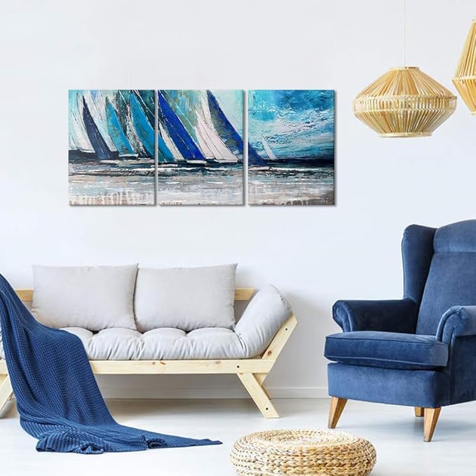 MAMAGO Blue Wall Art - 3 Panels Abstract Canvas Decor Painting Seascape Poster Textured Navy Blue Modern Sailboat Ocean Artwork for Bedroom Framed Easy to Hang - 12" W x 16" Hx3pcs