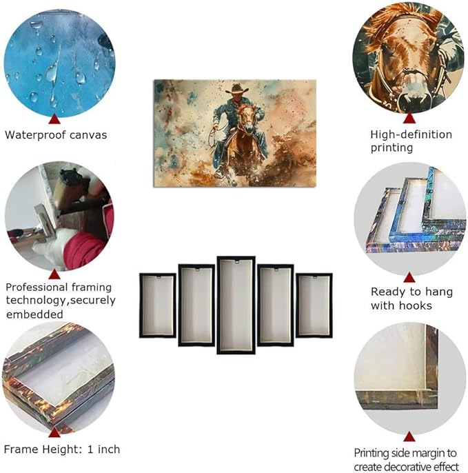 Cowboy Wall Art Pictures Vintage Horse Poster Canvas Prints Western Cowboy Artwork Wall Decor for Living Room Bedroom Office Home Decorations Framed Ready to Hang (24''H x 36''W)